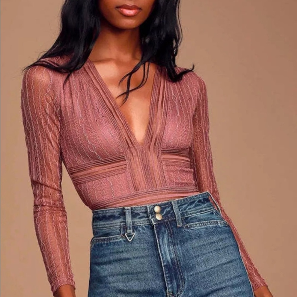 LULU's CASITA PINK SHEER Lace Long Sleeve Bodysuit